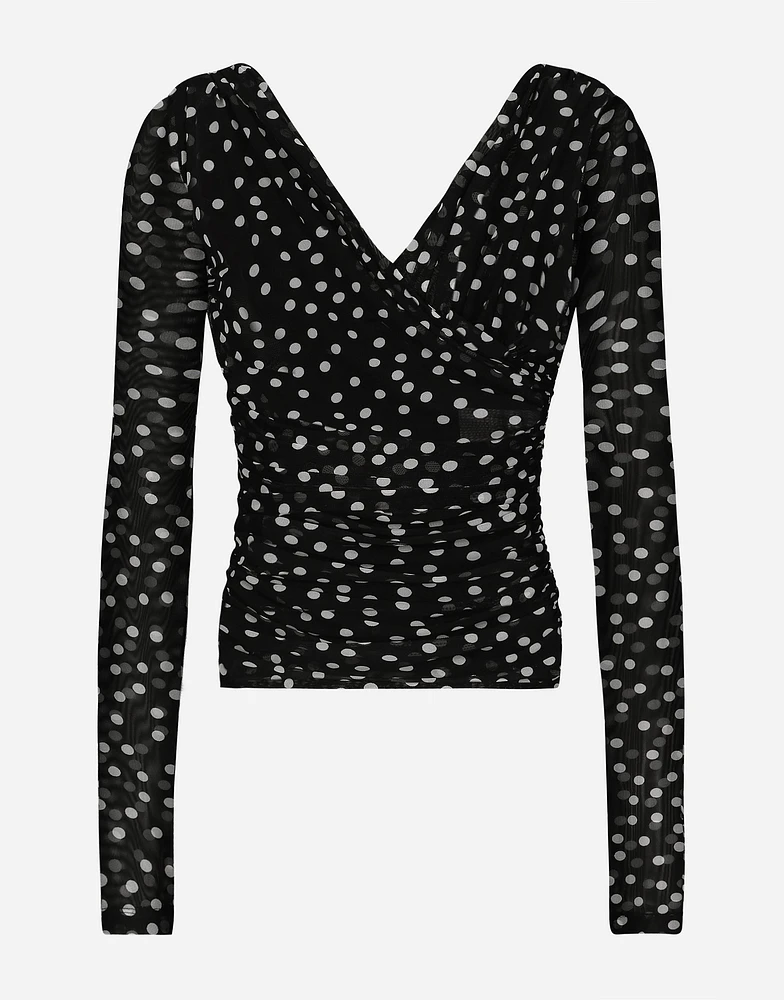 Polka-dot tulle top with wrap-front neckline