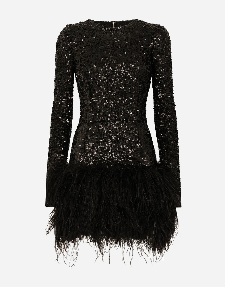 Short sequined dress with feather trim