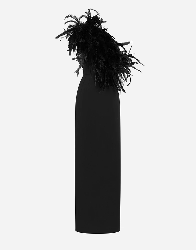 Long one-shoulder stretch cady dress with feathered neckline