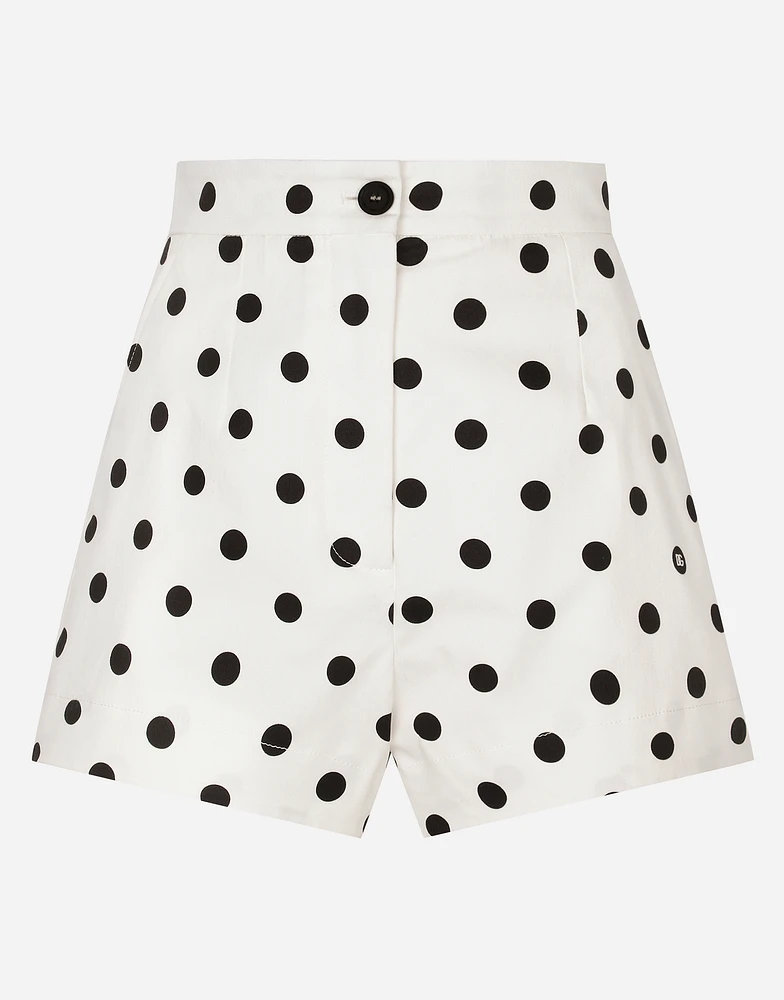 High-waisted cotton shorts with polka-dot print