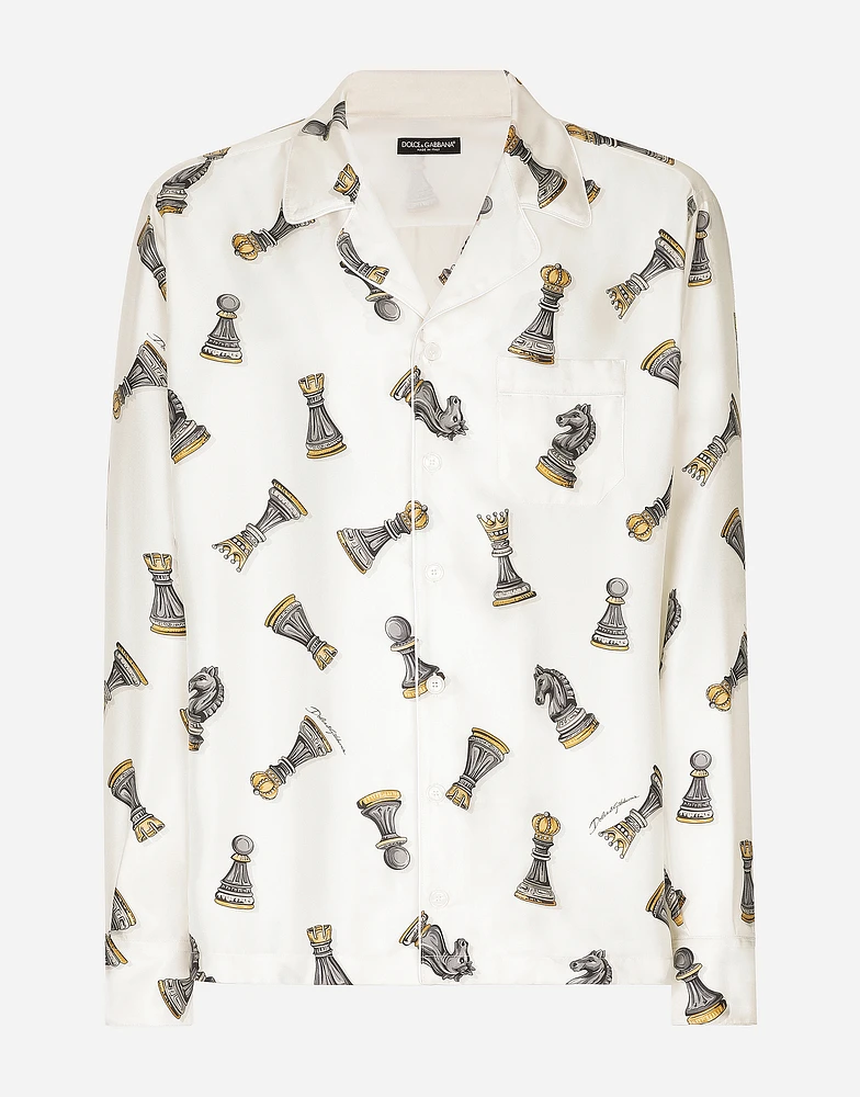 Silk twill shirt with chess-piece print