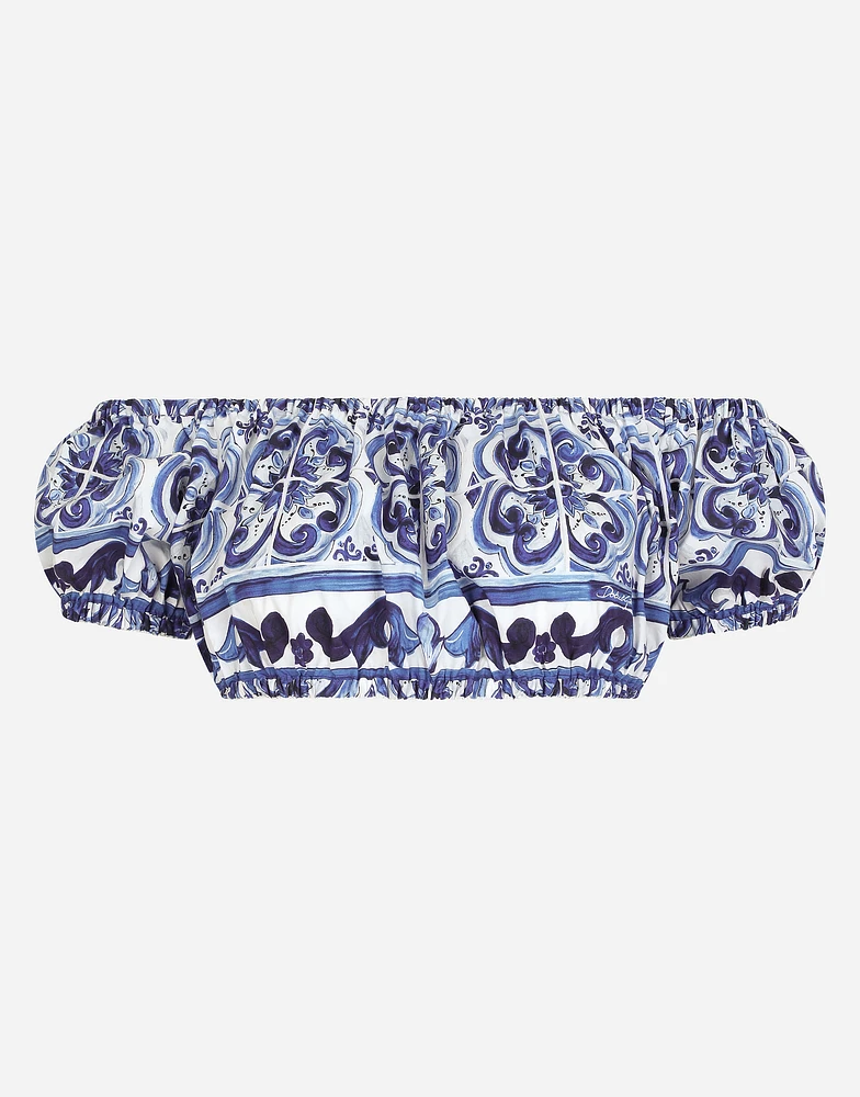 Majolica-print poplin crop top