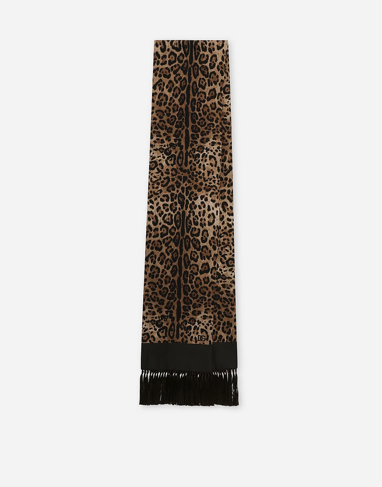 Leopard-print silk scarf with fringing