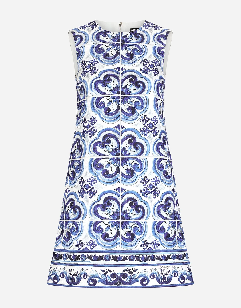 Short majolica-print brocade dress