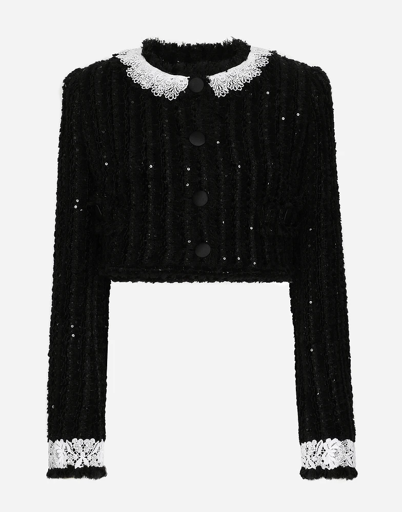 Short tweed jacket with micro-sequin embellishment