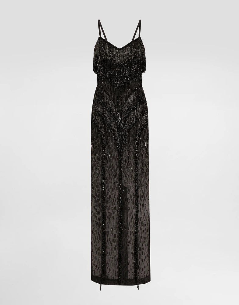 Long marquisette dress with sequined fringe embellishment