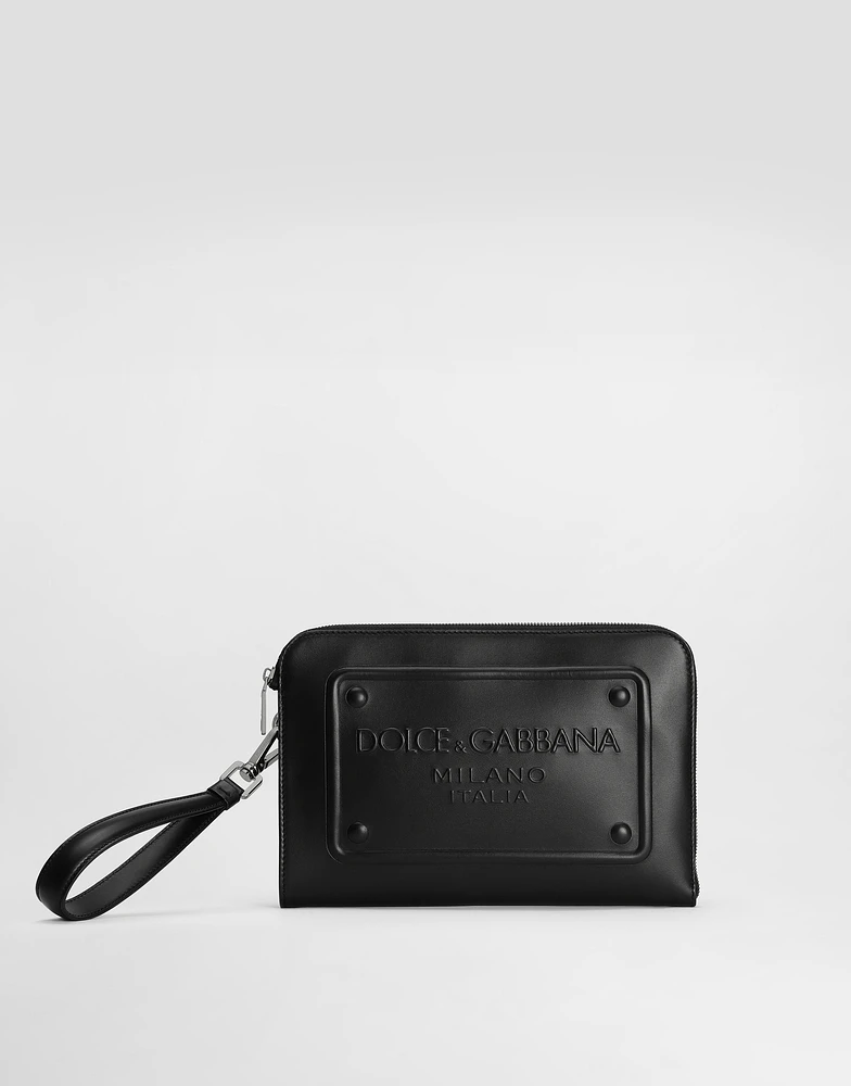 calfskin pouch with raised logo