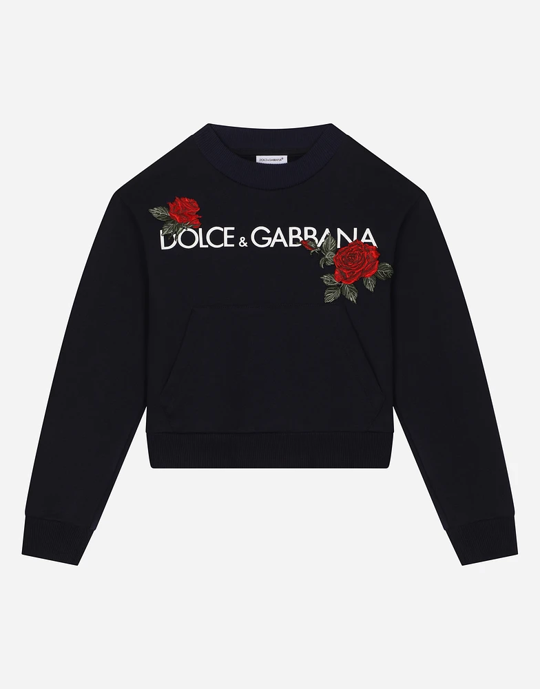 Round-neck sweatshirt with logo print and rose patch