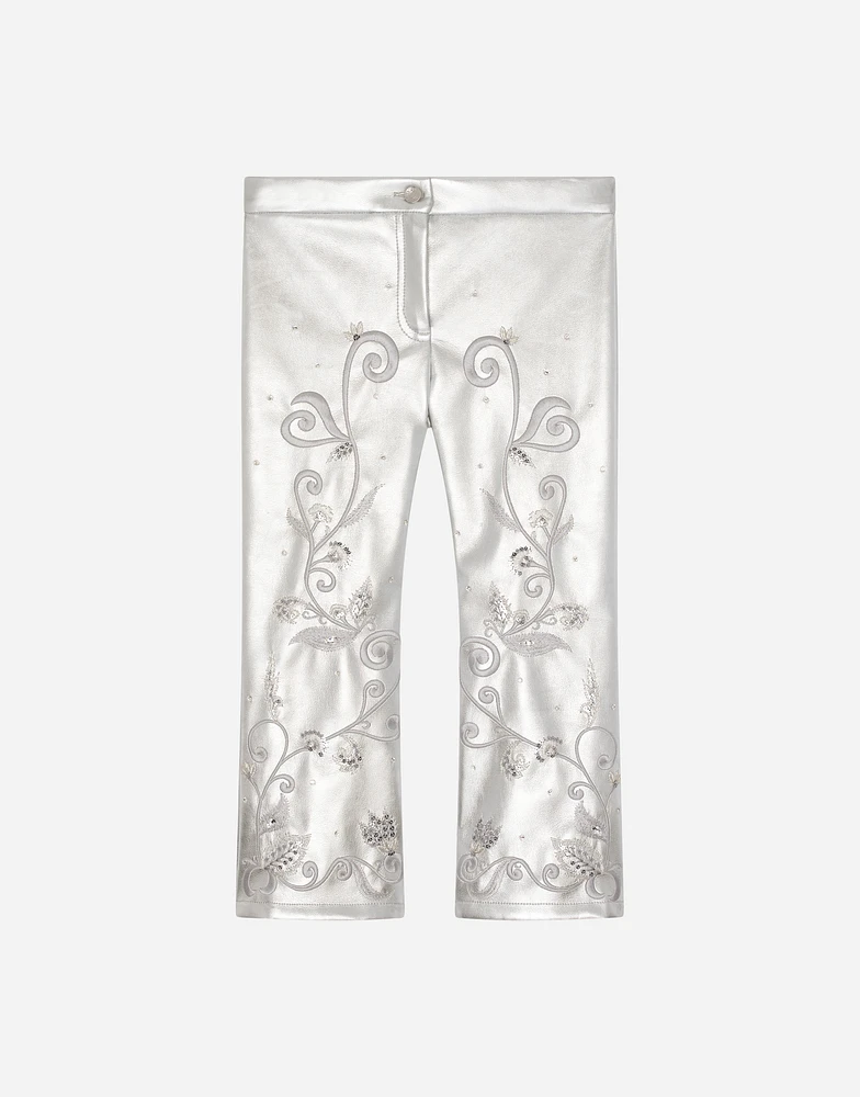 Foiled faux leather pants with embellishment