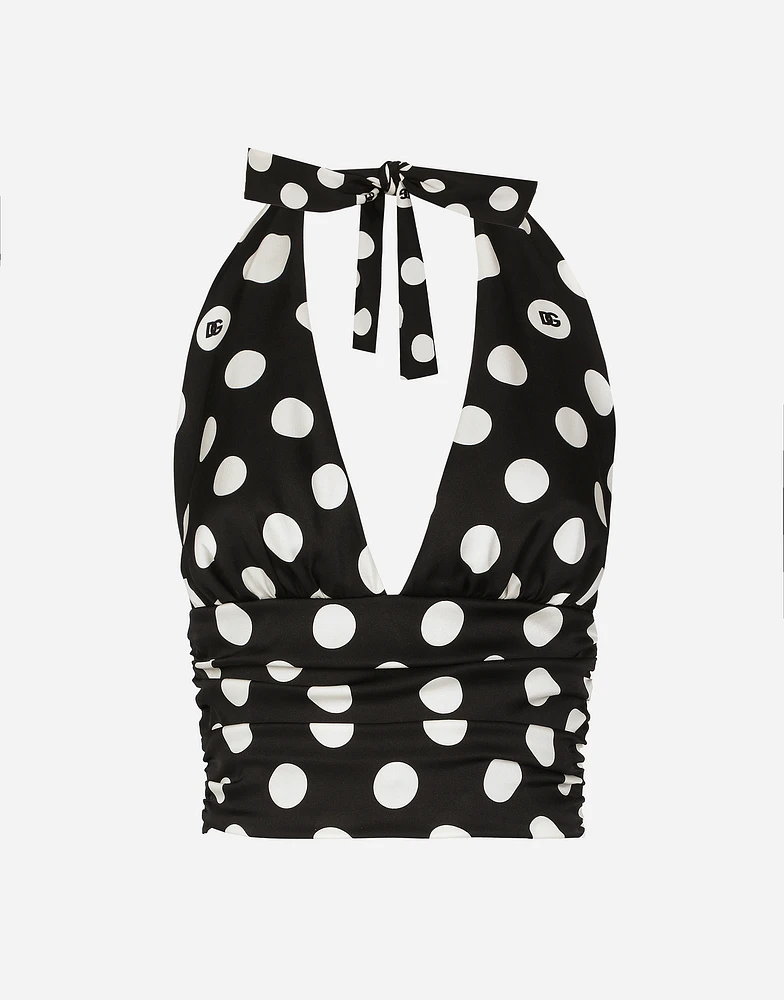 Polka-dot charmeuse top with plunging neckline