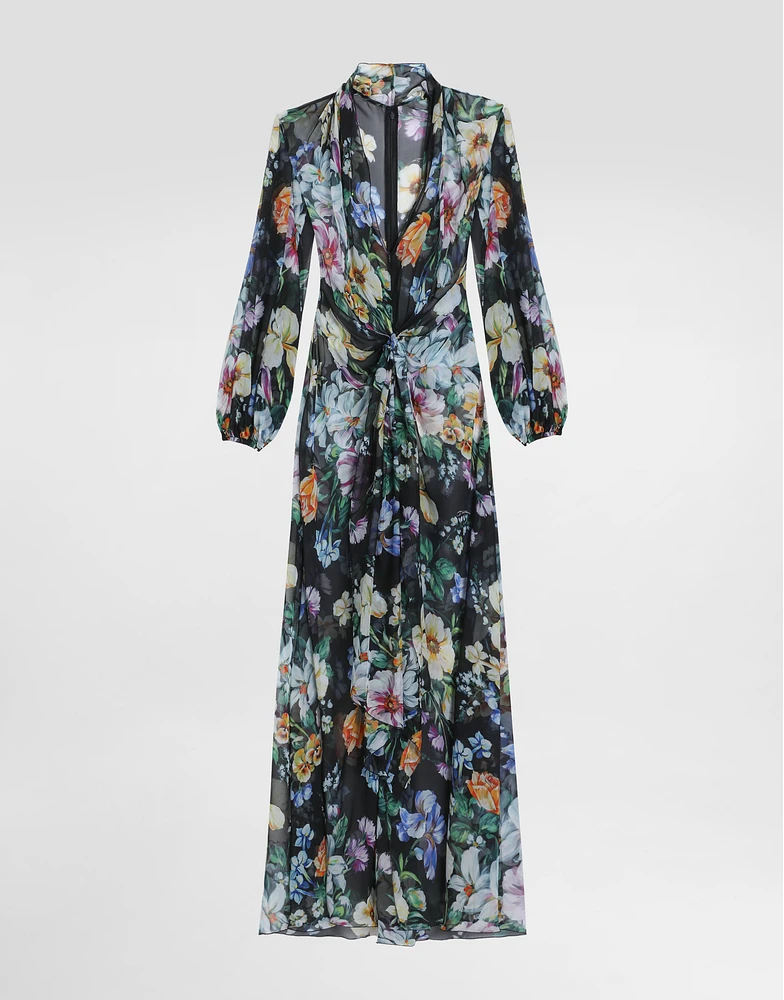 Long floral-print chiffon dress