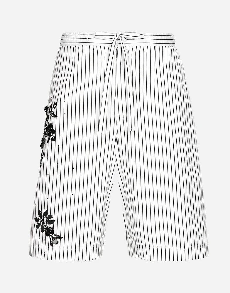 Striped poplin shorts with embroidery