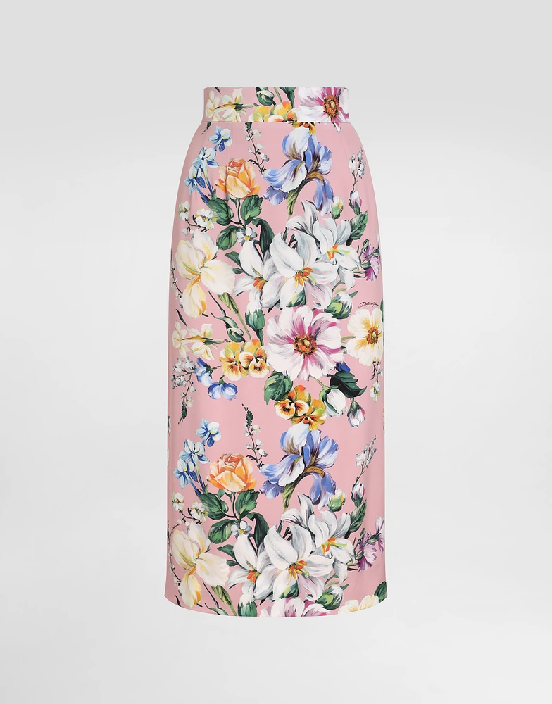 Floral-print charmeuse calf-length skirt