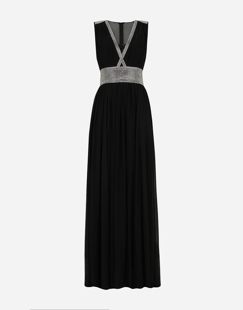 Long chiffon dress with fusible rhinestone detailing