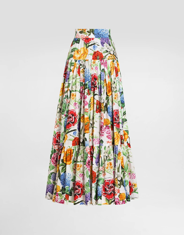 Long ruffled skirt floral-print cotton