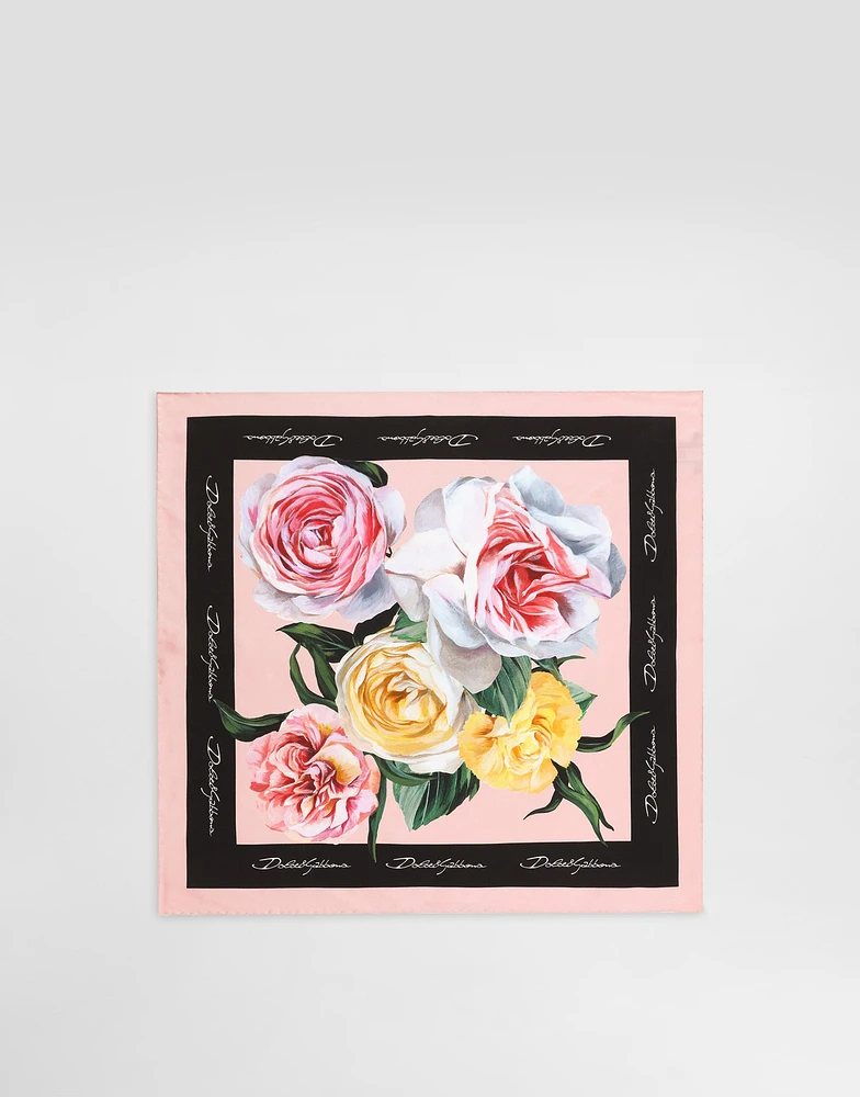Rose and peony-print silk twill foulard (50x50)