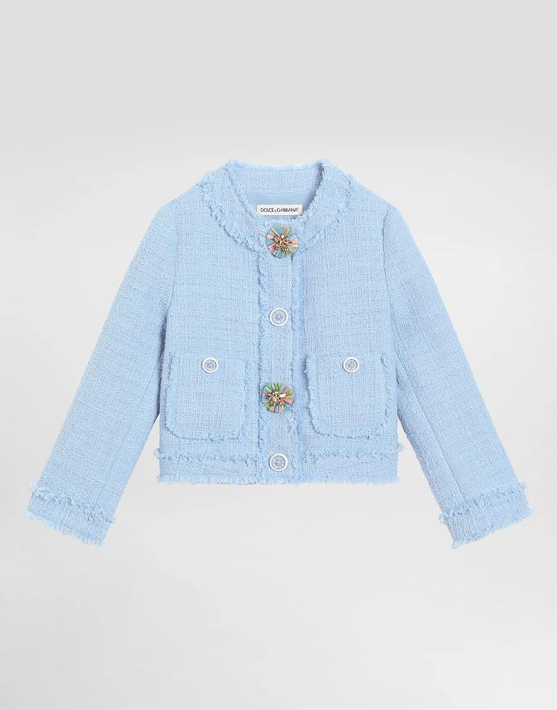 Single-breasted raschel tweed jacket with bejeweled buttons