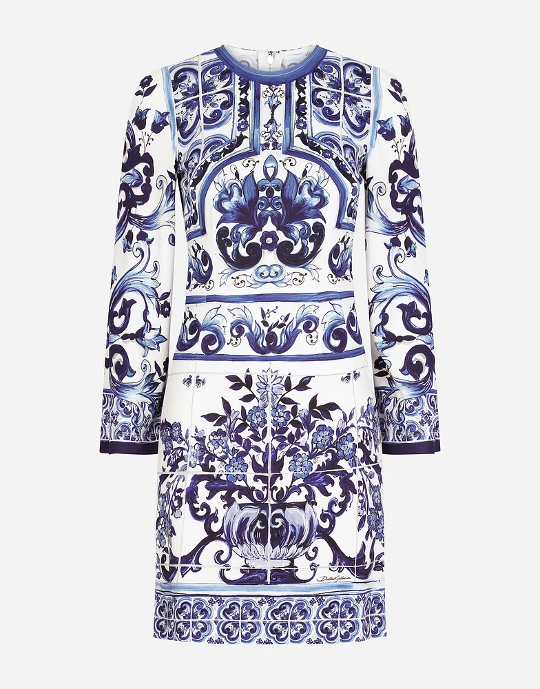 Short majolica-print organzine dress