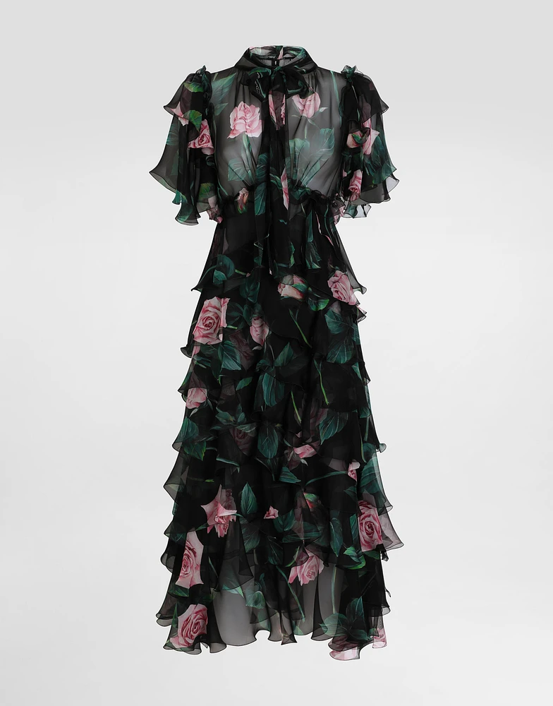 Rose-print chiffon calf-length dress with ruffles and flounces