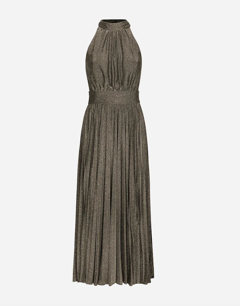 Pleated jersey lurex calf-length dress