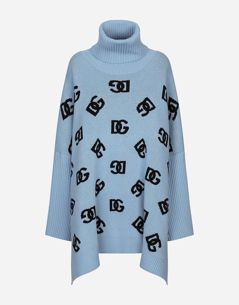 Wool turtle-neck poncho with DG logo inlay