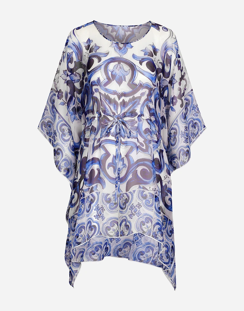 Short majolica-print chiffon caftan