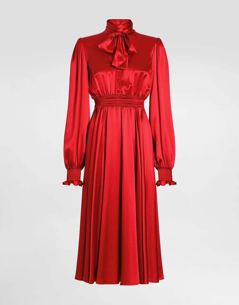 Silk satin shirt dress with pussy-bow