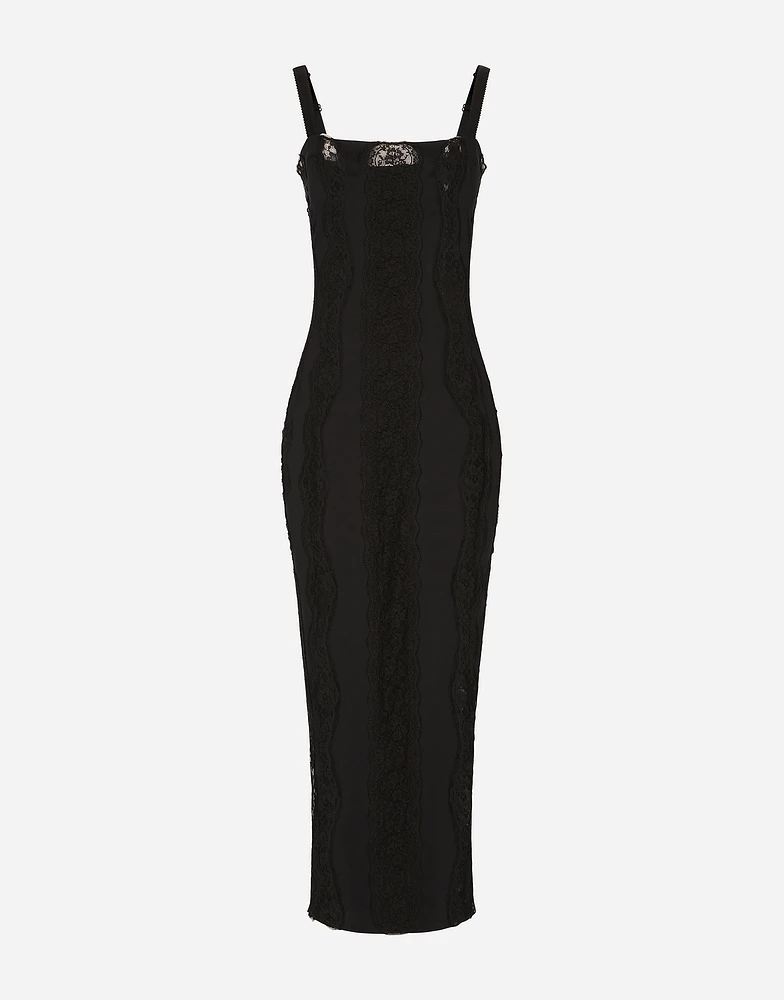 Jersey calf-length dress with lace inserts