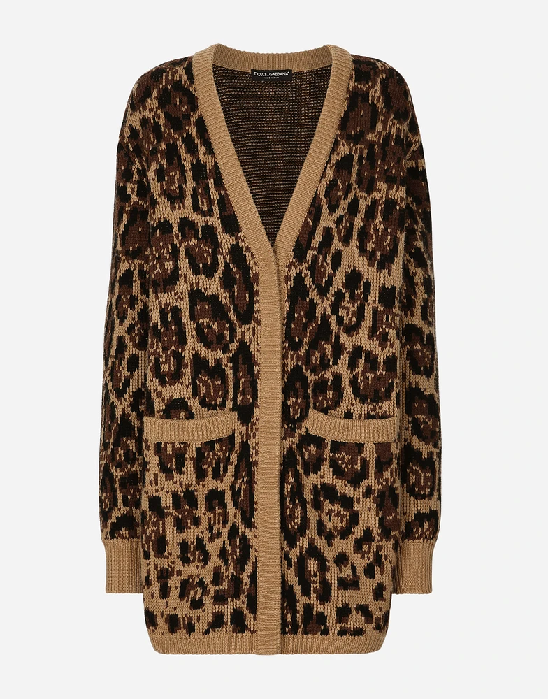 Long wool and cashmere cardigan with jacquard leopard design