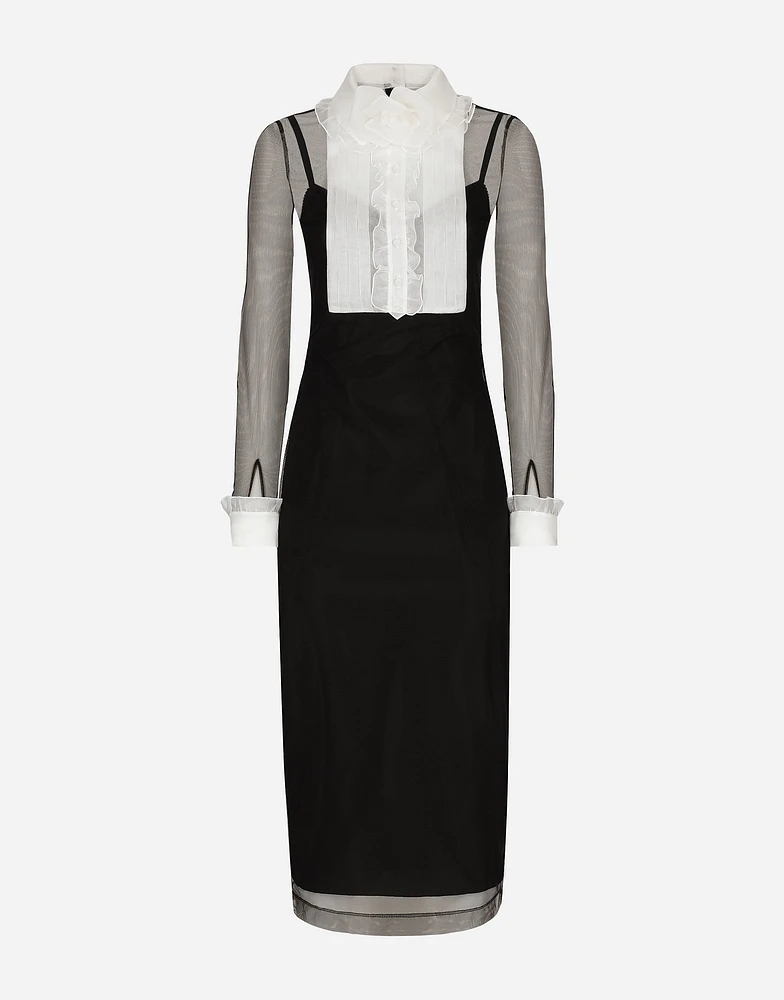 Tulle calf-length dress with organza shirt front