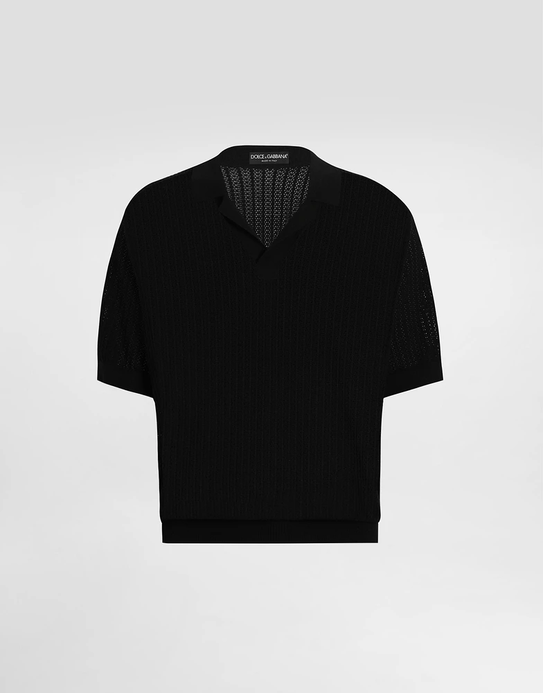 Short-sleeved cotton openwork polo-shirt