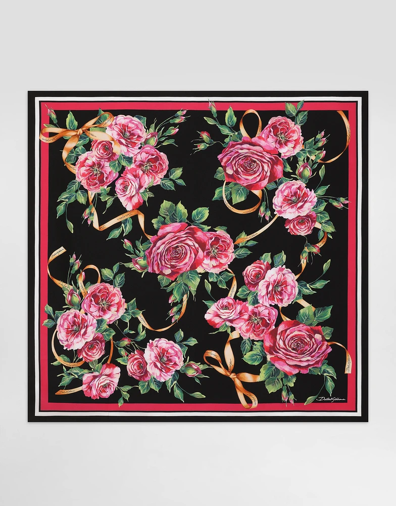 Rose-print silk twill foulard (90x90)