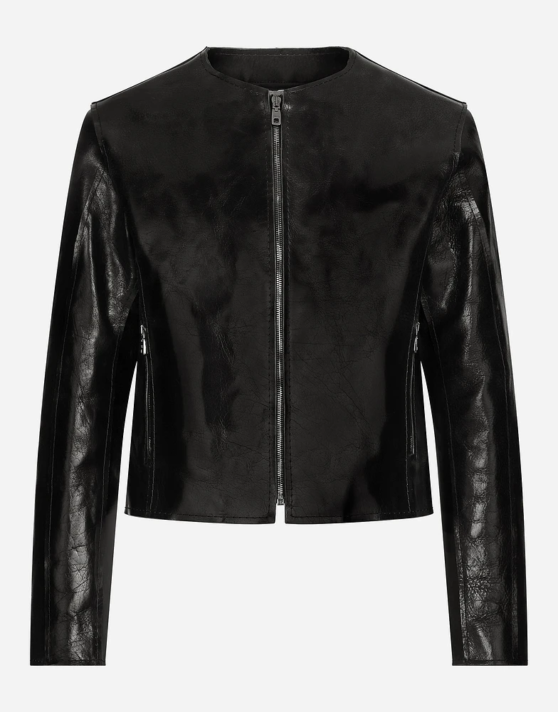 Collarless leather jacket