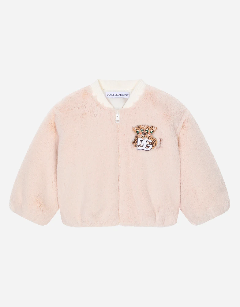 Faux fur bomber jacket with embroidered baby leopard patch