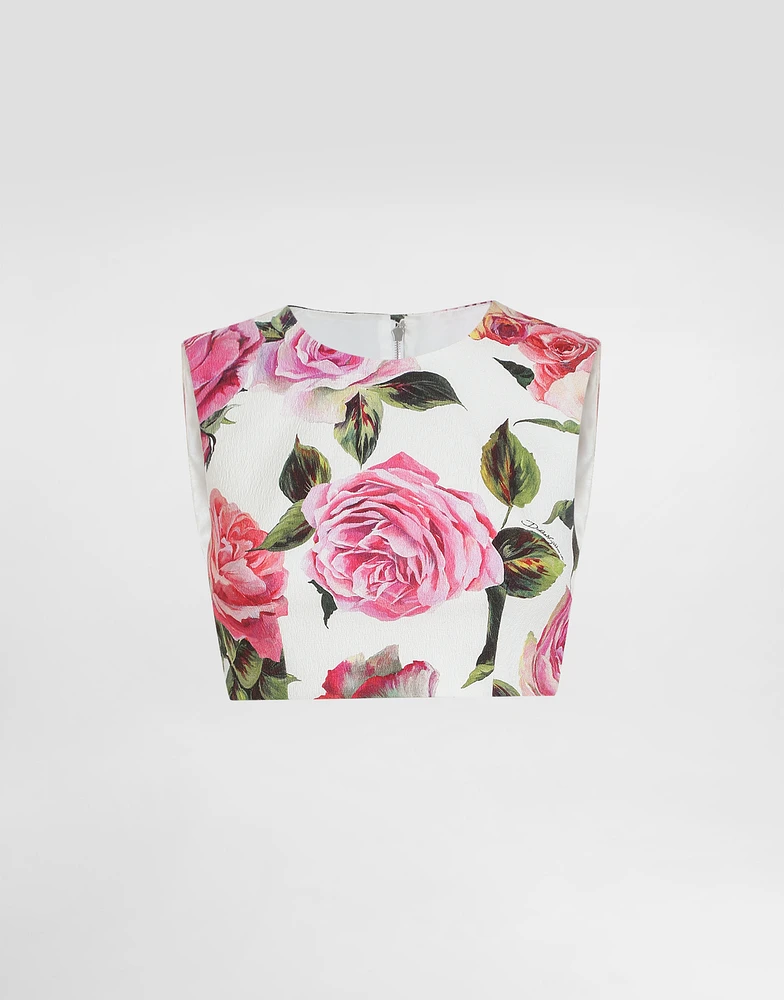 Cotton jacquard crop top with rose print