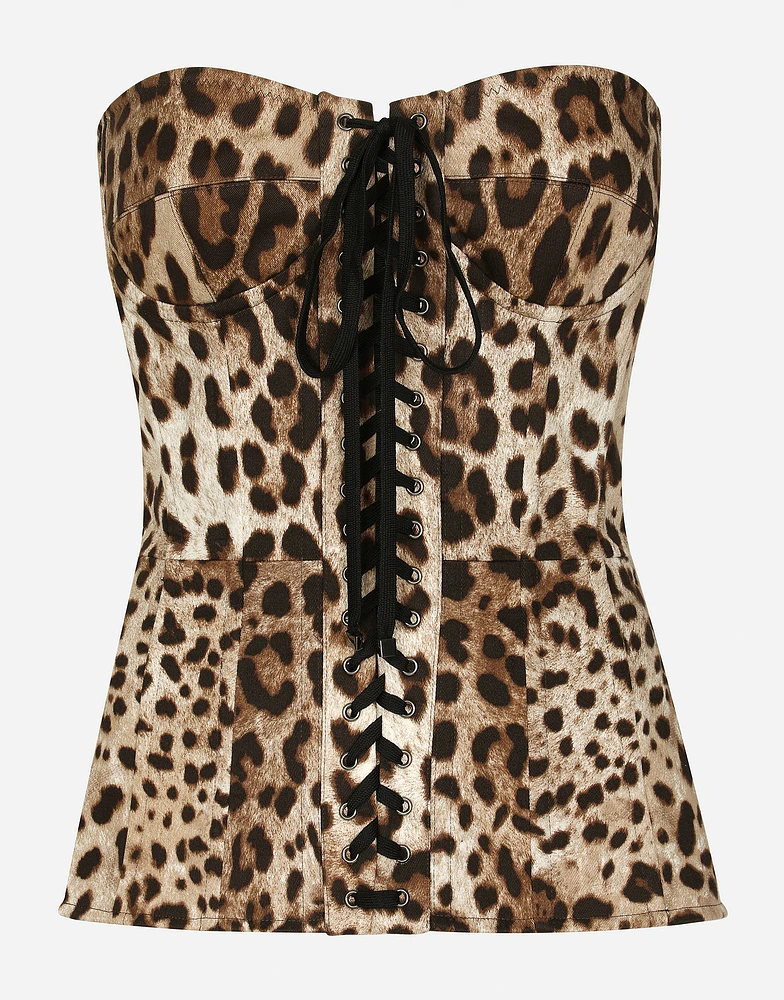 Leopard-print drill shaper corset with laces