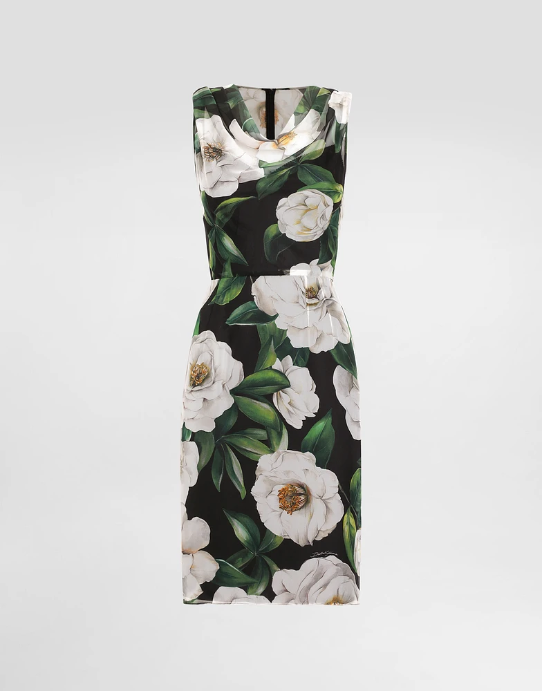 Gardenia-print chiffon midi dress
