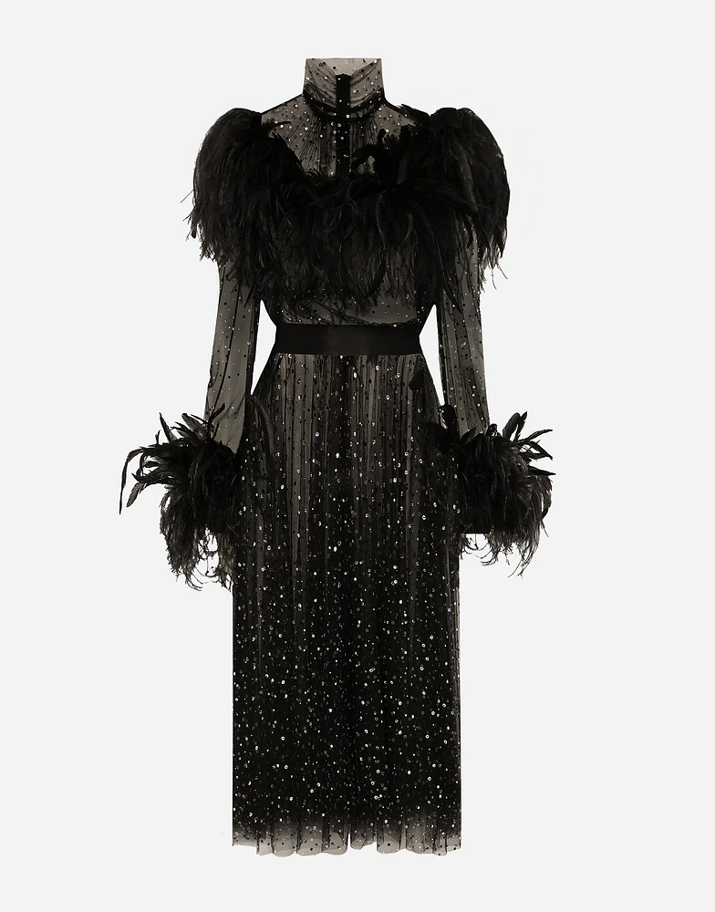 Calf-length stretch tulle dress with fusible rhinestones and rooster ostrich feather embellishment