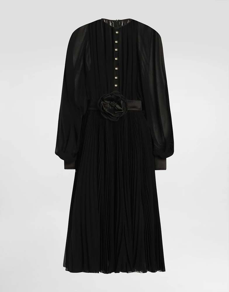 Calf-length babydoll dress with pleated skirt