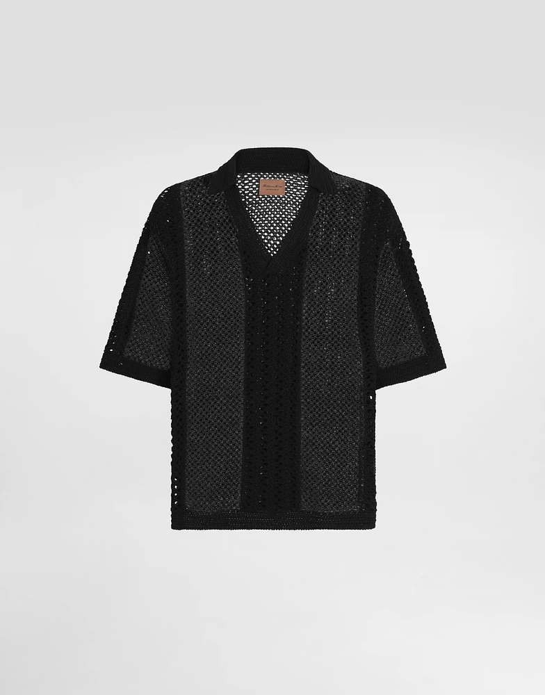 Short-sleeved cotton crochet polo-shirt