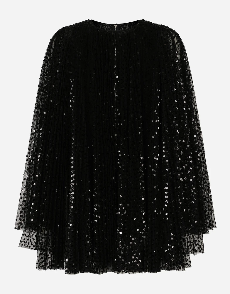 Short pleated dress with full sequined sleeves