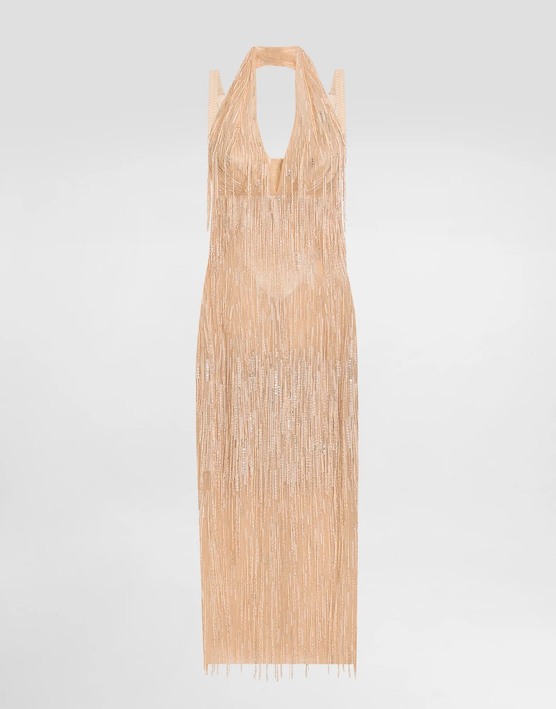 Calf-length dress with sequined fringe embellishment