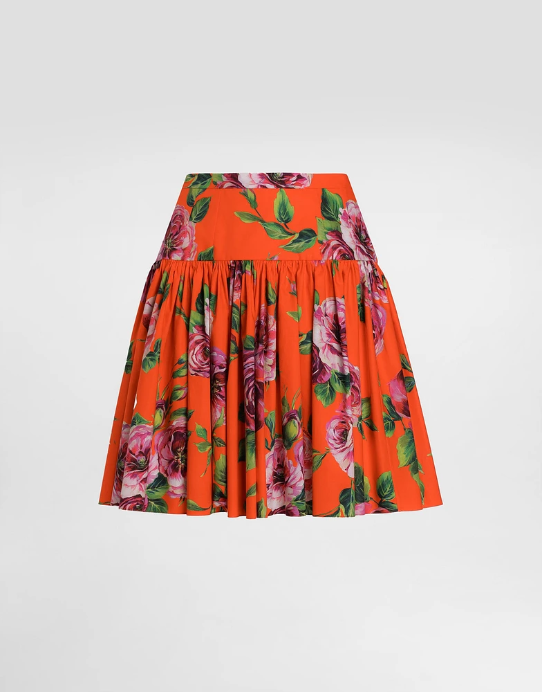 Short cotton skirt with antique rose print