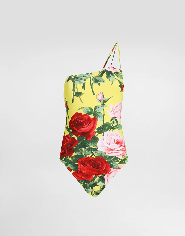 One-shoulder one-piece swimsuit with floral bouquet print