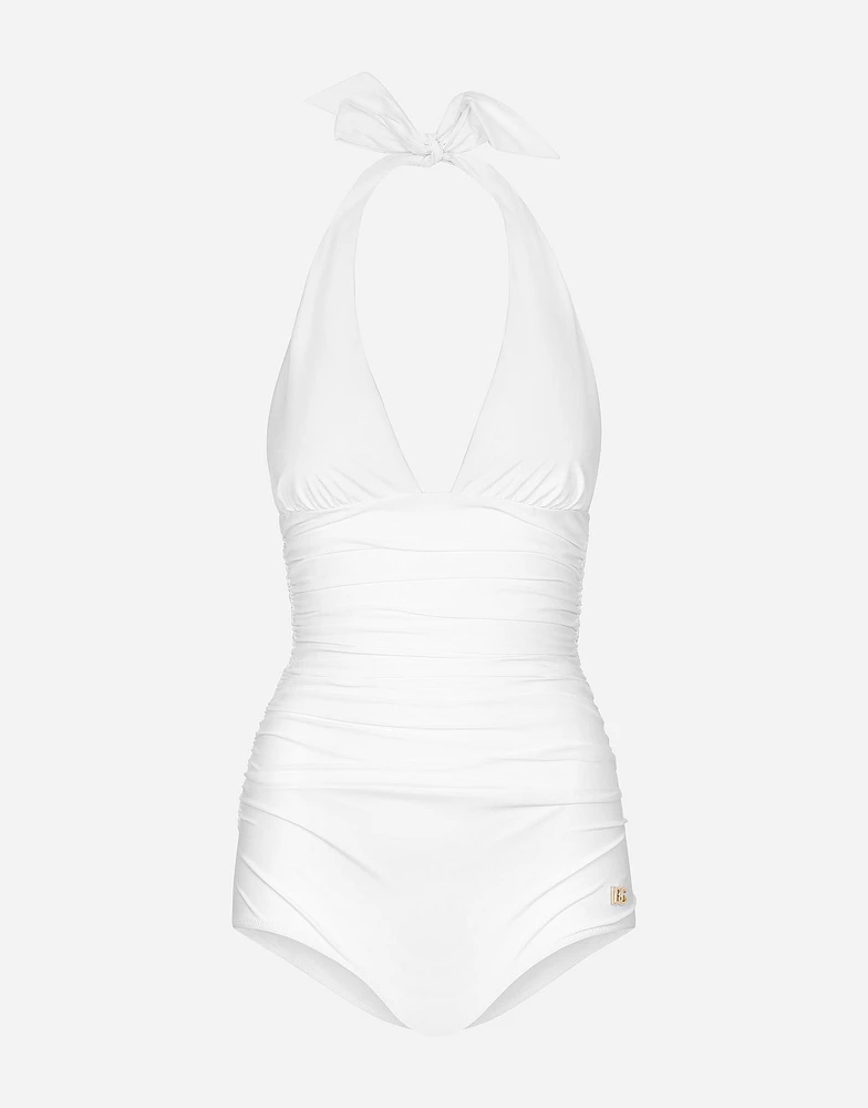 One-piece swimsuit with plunging neckline