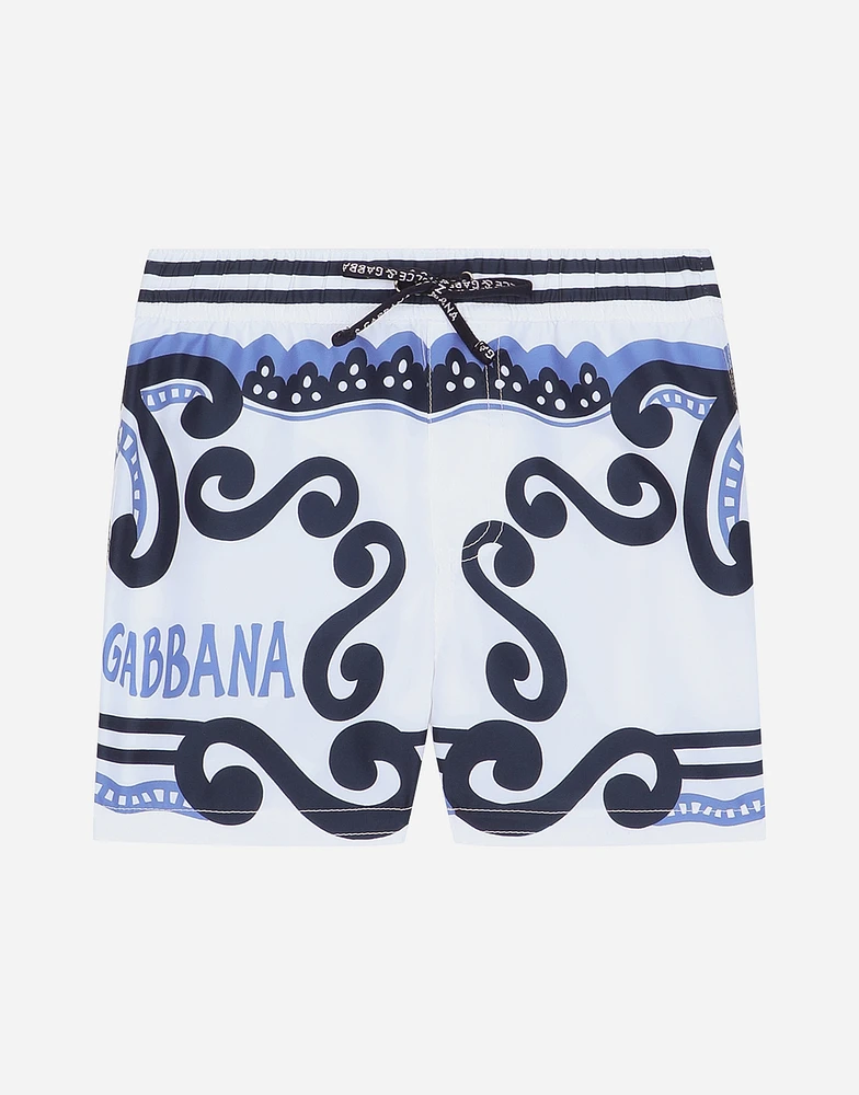 Nylon swim trunks with Marina print