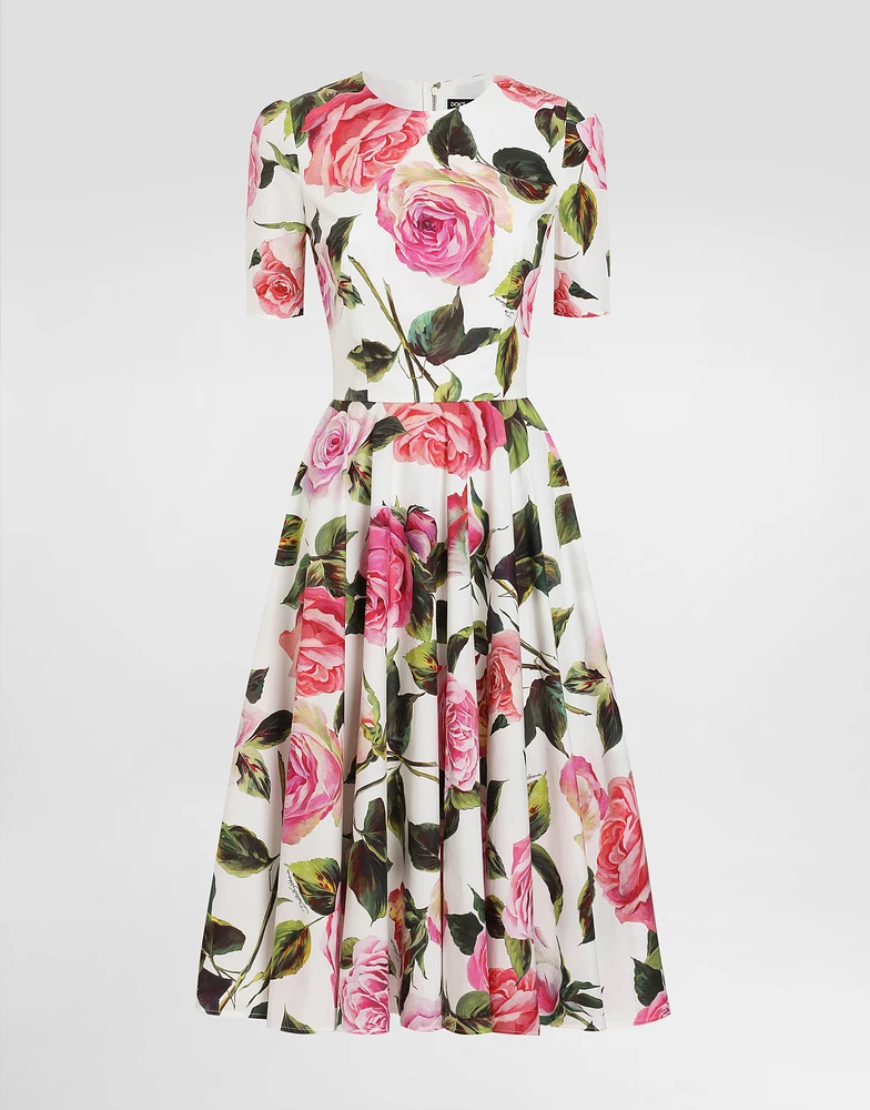 Cotton calf-length babydoll dress with rose print
