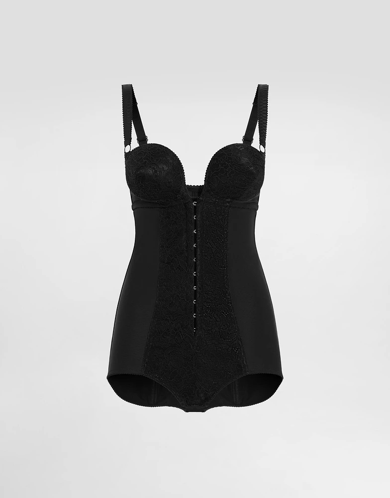 Lace and elasticated fabric bodysuit with deep neckline and conical cups