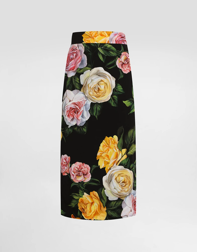 Peony and rose-print charmeuse calf-length skirt