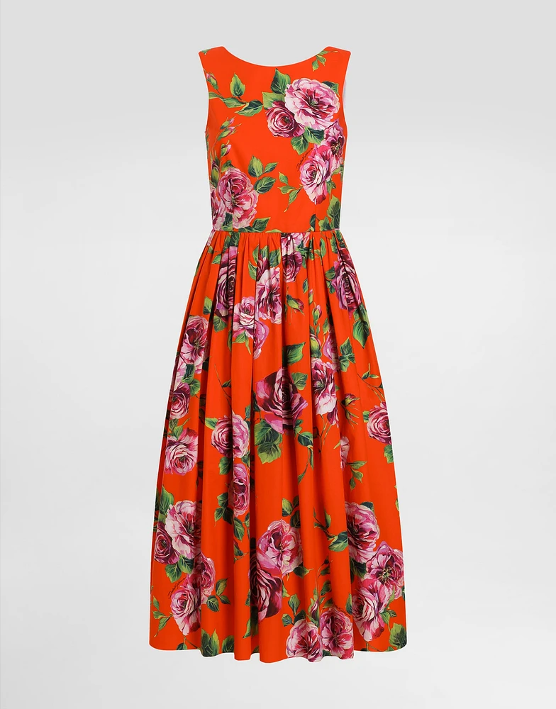 Cotton calf-length babydoll dress with rose print